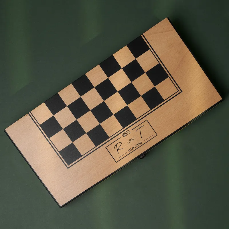 Minimalist Initials and Date Backgammon Set - Beech Wood Finish
