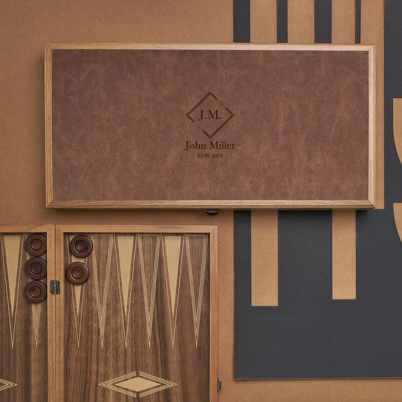 Minimalist Monogrammed Leather-Covered Walnut Backgammon Set