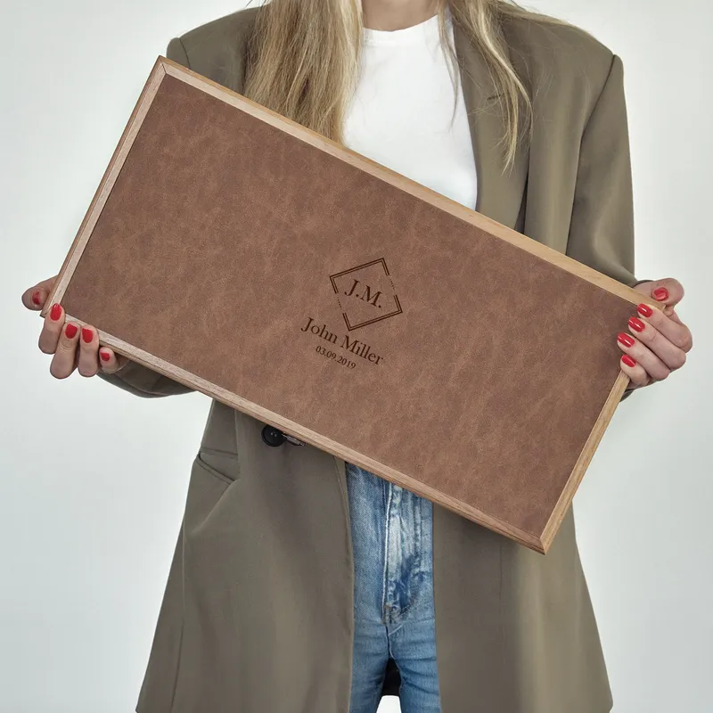 Minimalist Monogrammed Leather-Covered Walnut Backgammon Set