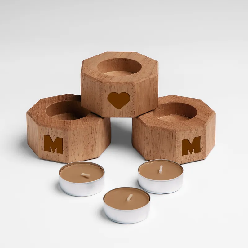 Mom-Engraved Wooden Candle Holder Set