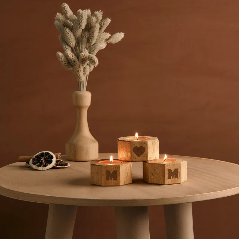 Mom-Engraved Wooden Candle Holder Set