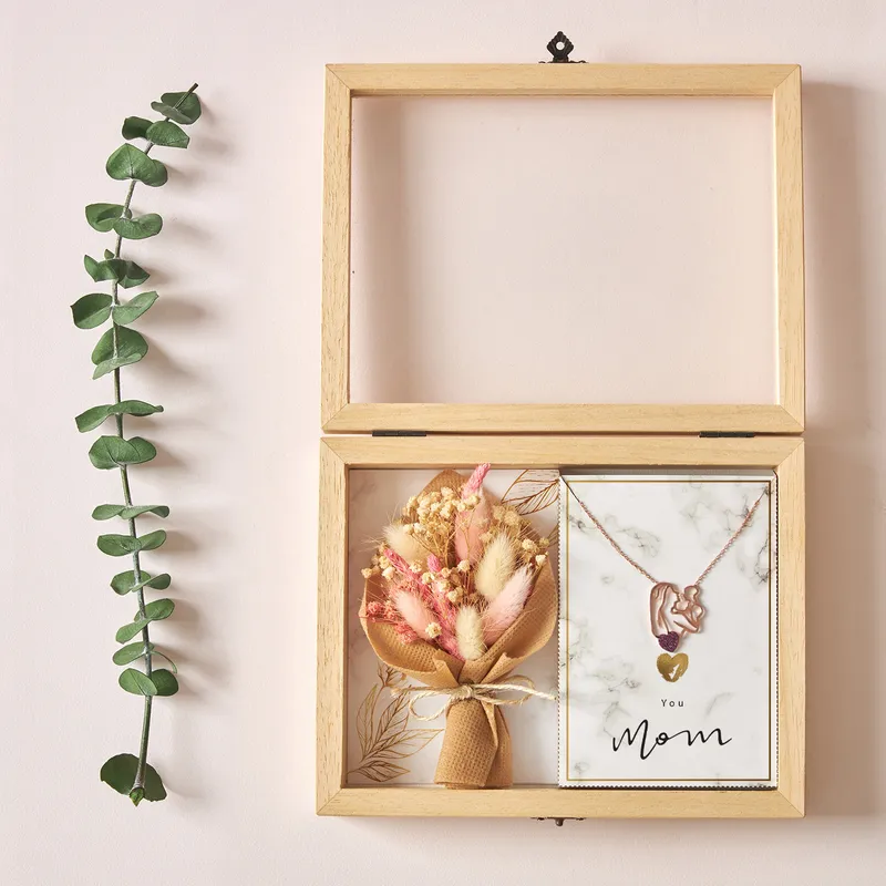 Mom's Love Necklace and Flower Bouquet Wooden Gift Box Set