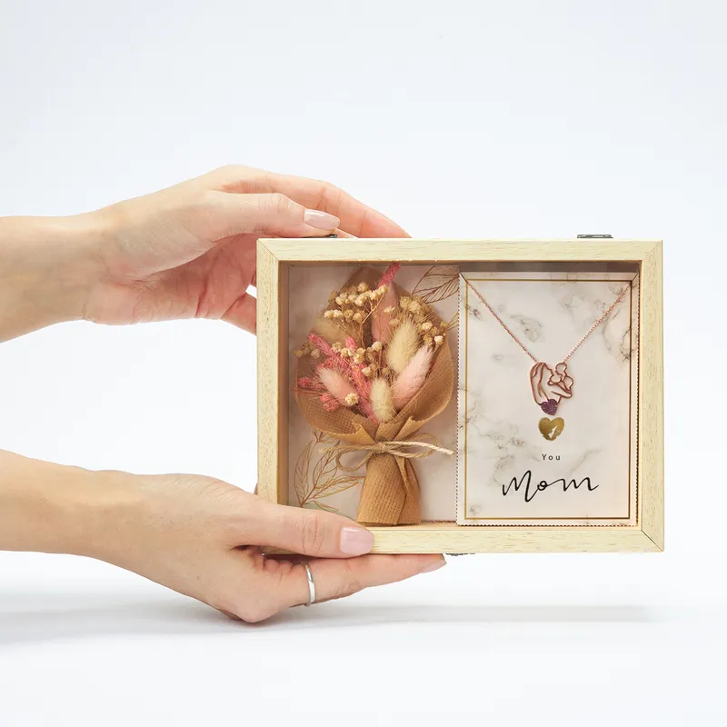 Mom's Love Necklace and Flower Bouquet Wooden Gift Box Set