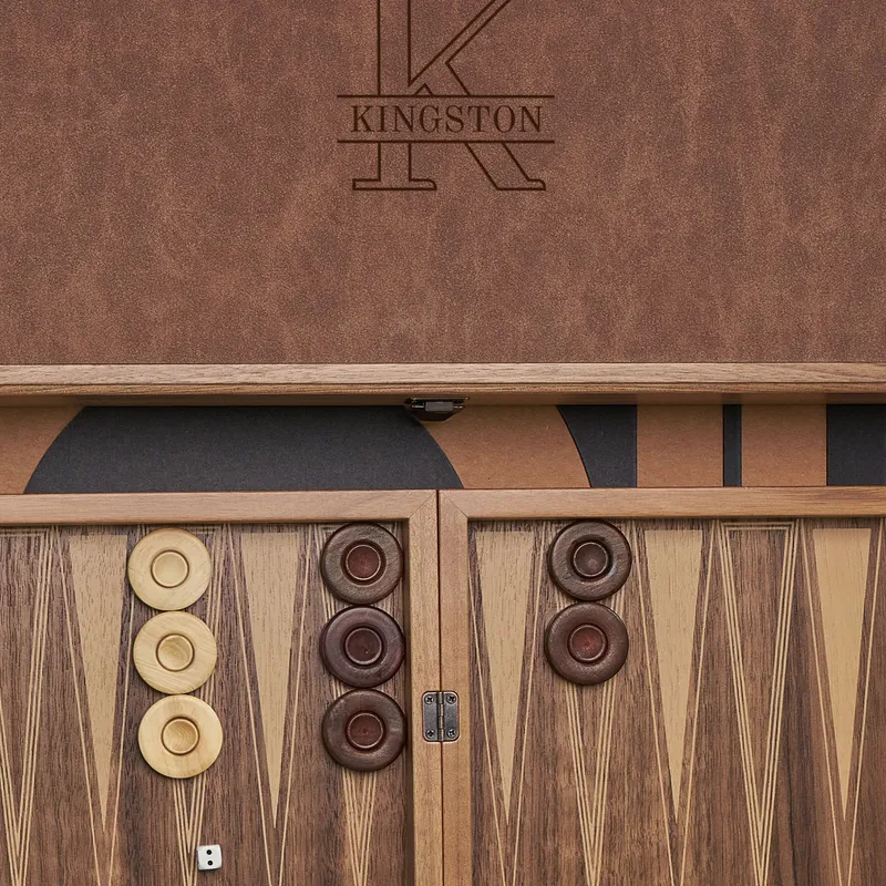 Monogrammed Leather-Covered Walnut Backgammon Set