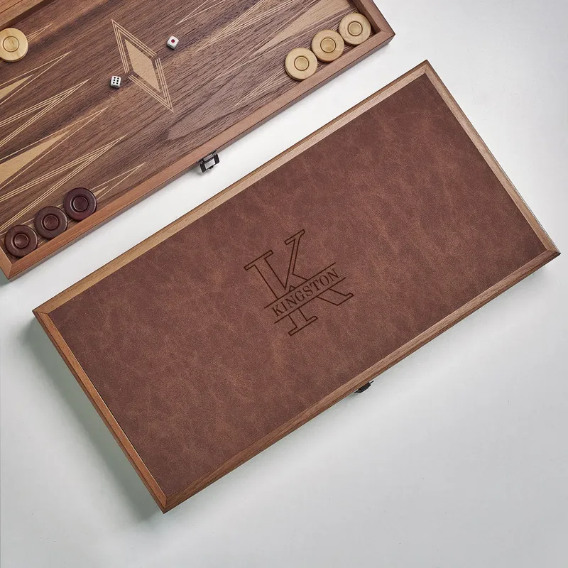 Monogrammed Leather-Covered Walnut Backgammon Set