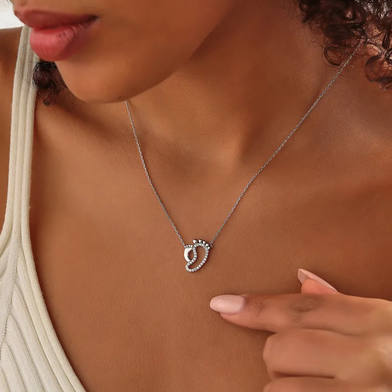 Mother and Child Footprint Design Silver Necklace with Zircon Stone