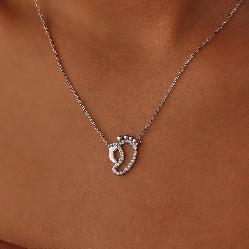 Mother and Child Footprint Design Silver Necklace with Zircon Stone