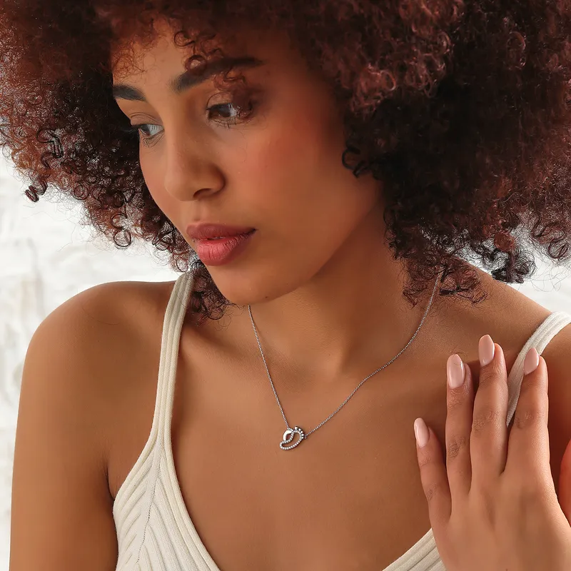 Mother and Child Footprint Design Silver Necklace with Zircon Stone