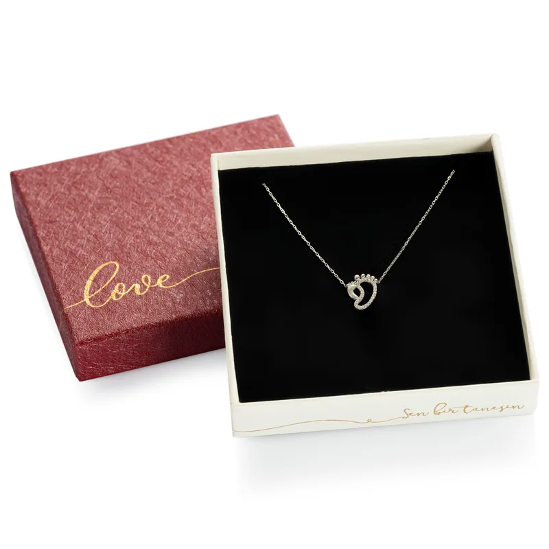 Mother and Child Footprint Design Silver Necklace with Zircon Stone