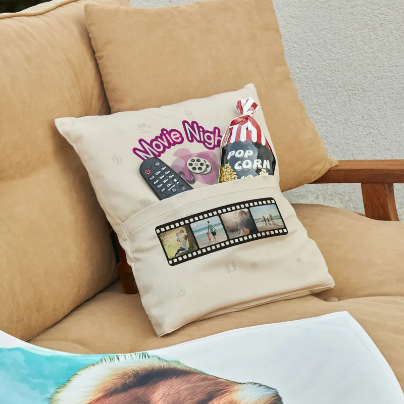 Movie Night Photo Printed Snack-Pocketed Throw Pillow