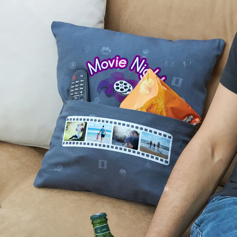 Movie Night Photo Printed Snack-Pocketed Throw Pillow