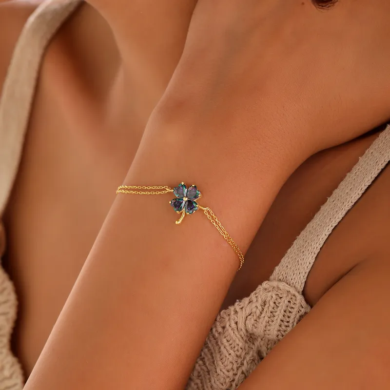 Mystic Topaz 4 Leaf Clover Silver Bracelet