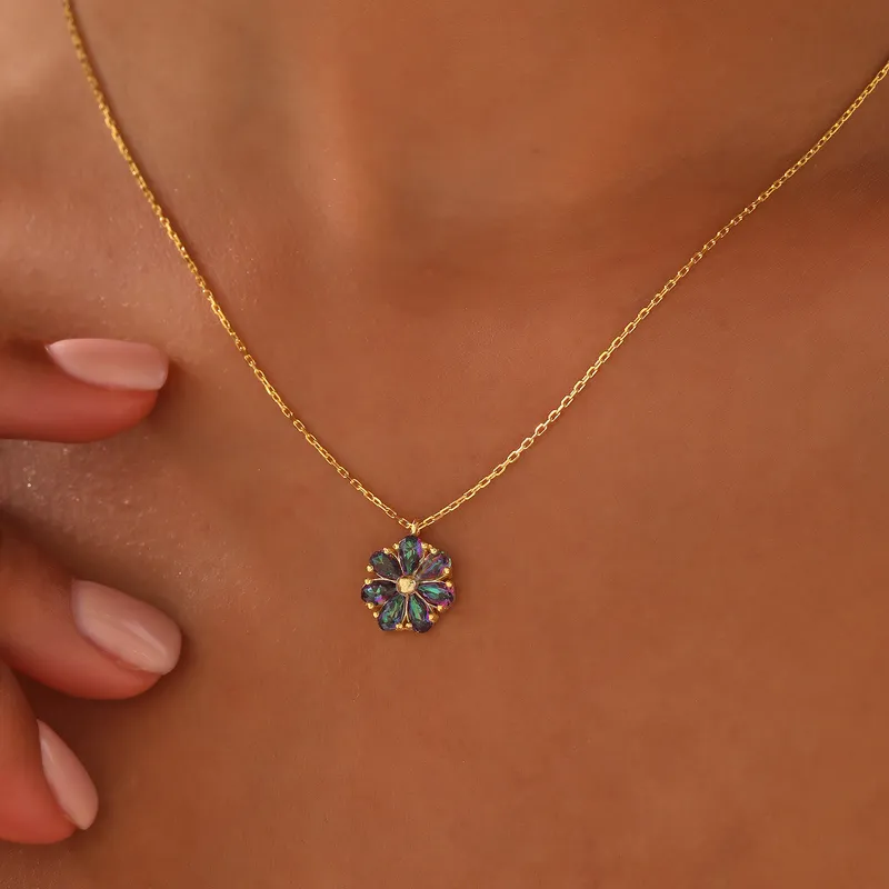 Mystic Topaz Stone Flower Silver Necklace