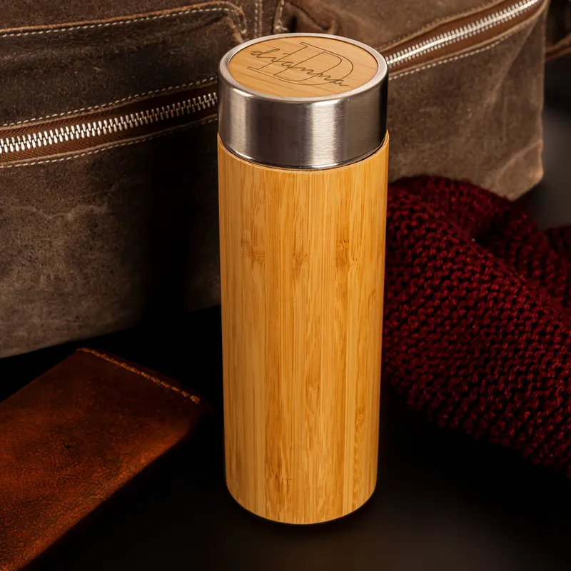 Name and Initial Printed Bamboo Thermos Flask with Tea Strainer