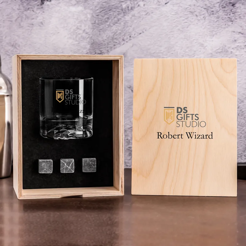 Personalised Whiskey Glass Set with Wooden Box and Cooling Stones