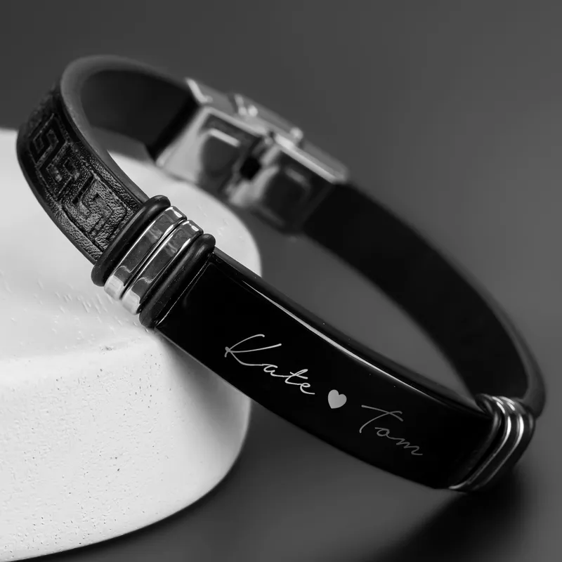 Personalised Leather Bracelet for Men with Name Engraving