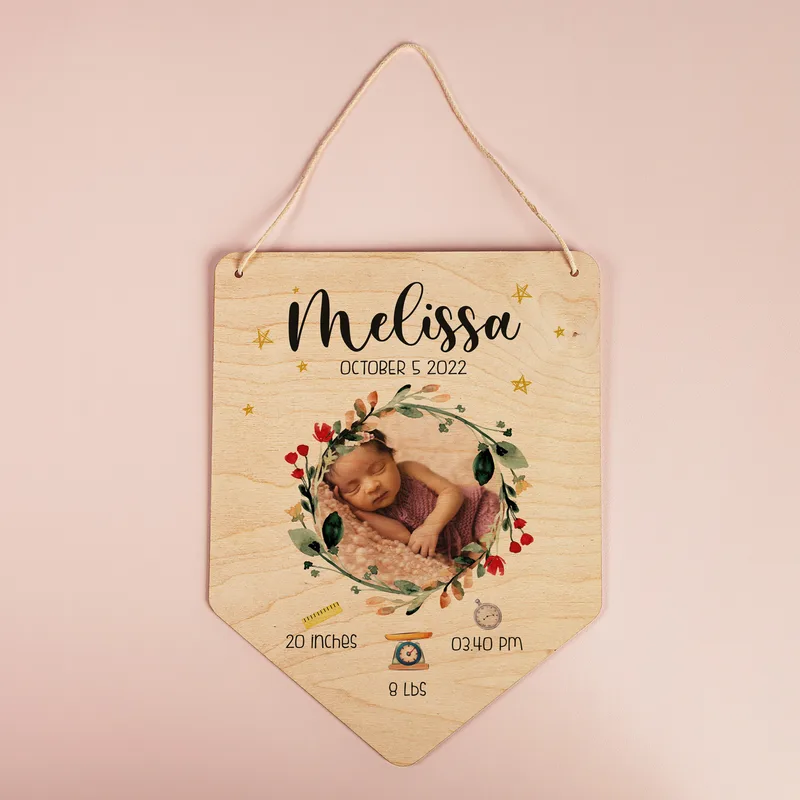 New Born Baby Decorative Door Sign - Wooden Door Decor with Photo