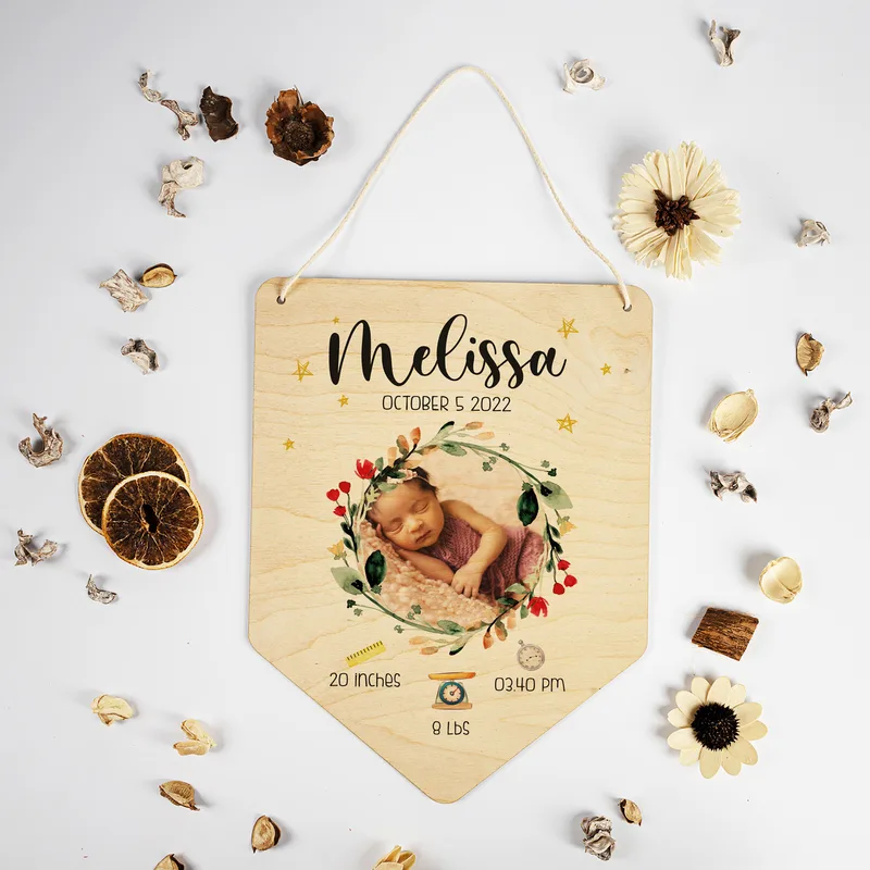 New Born Baby Decorative Door Sign - Wooden Door Decor with Photo