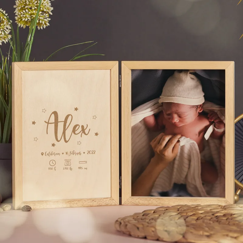 New Born Baby Hinged Wooden Photo Frame Gift Box with Personalized Picture