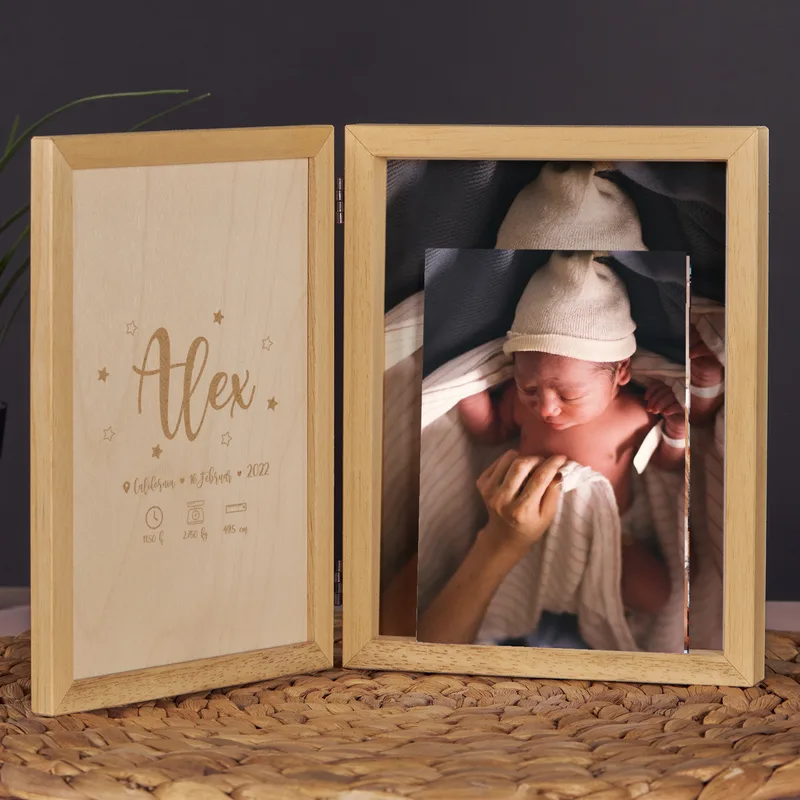 New Born Baby Hinged Wooden Photo Frame Gift Box with Personalized Picture