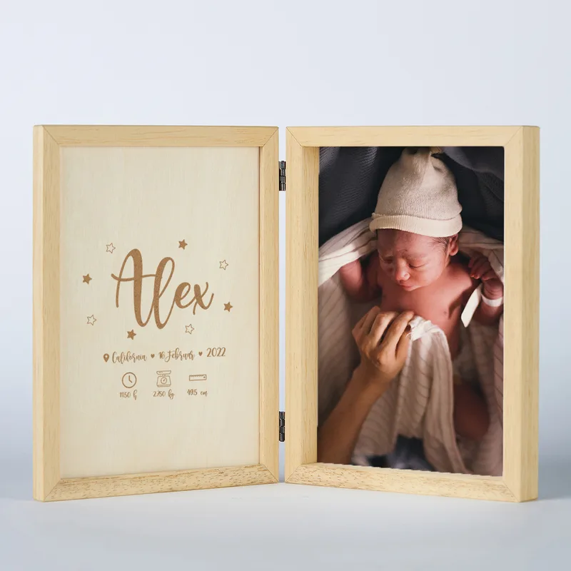 New Born Baby Hinged Wooden Photo Frame Gift Box with Personalized Picture