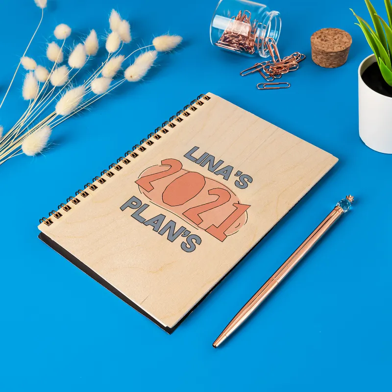 New Year Gift Personalised Wooden Covered Notebook
