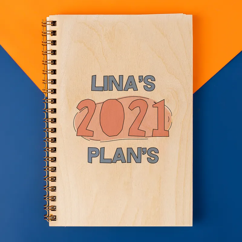 New Year Gift Personalised Wooden Covered Notebook