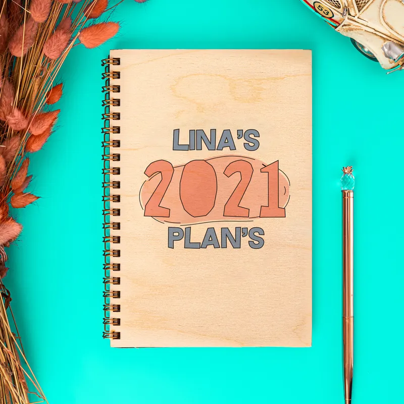 New Year Gift Personalised Wooden Covered Notebook