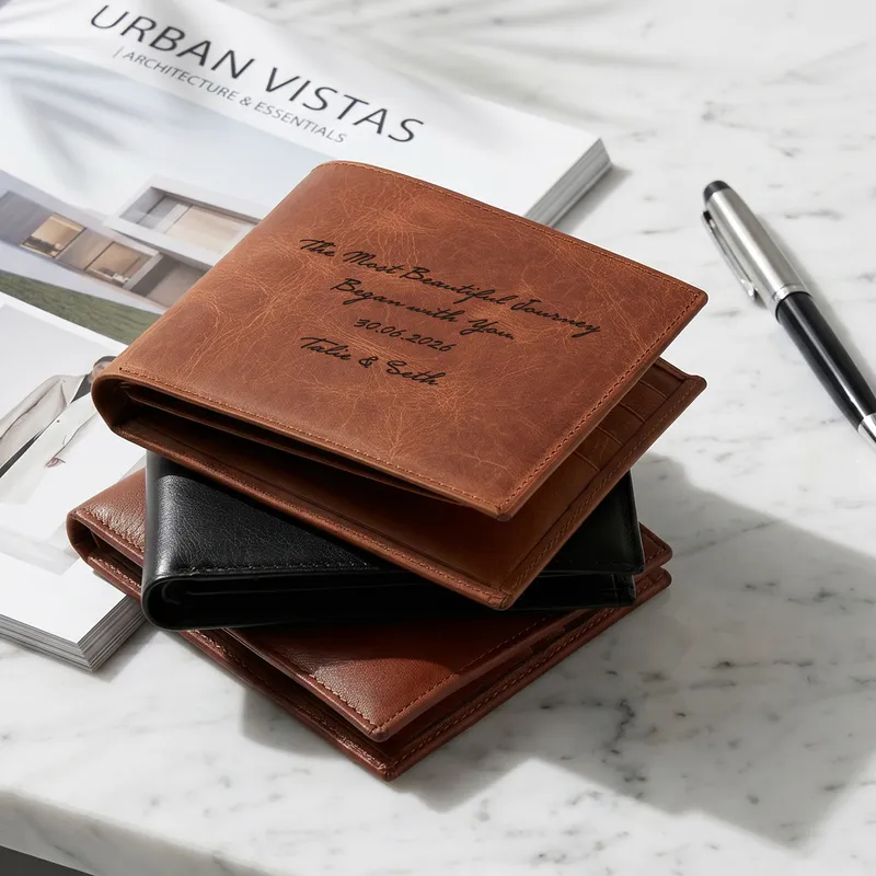 Personalized Anniversary Bifold Leather Wallet – Custom Inside Design with Photo & Message