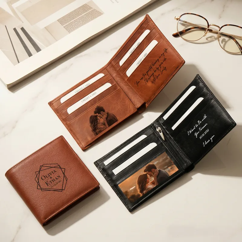 Personalized Anniversary Bifold Leather Wallet – Custom Inside Design with Photo & Message