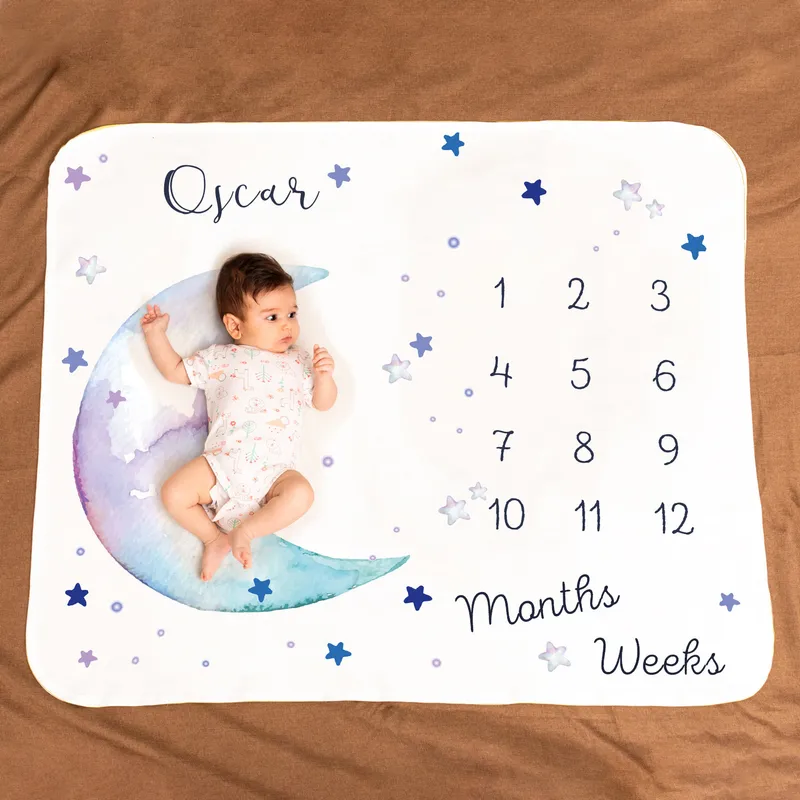 Personalised Baby Milestone Blanket with Moon and Stars Design