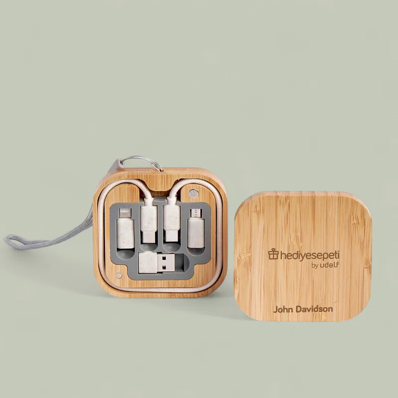 Personalized Bamboo Multi Charging Cable Set for Corporate Gift