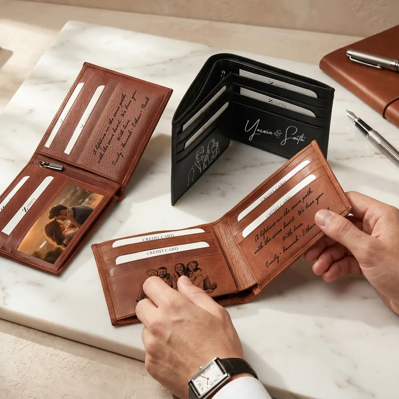 Personalized Bifold Leather Wallet – Custom Exterior & Interior, Name, Photo & Message