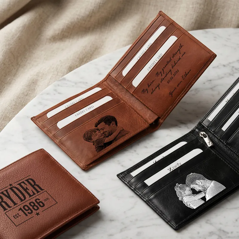 Personalized Bifold Leather Wallet – Custom Exterior & Interior, Name, Photo & Message