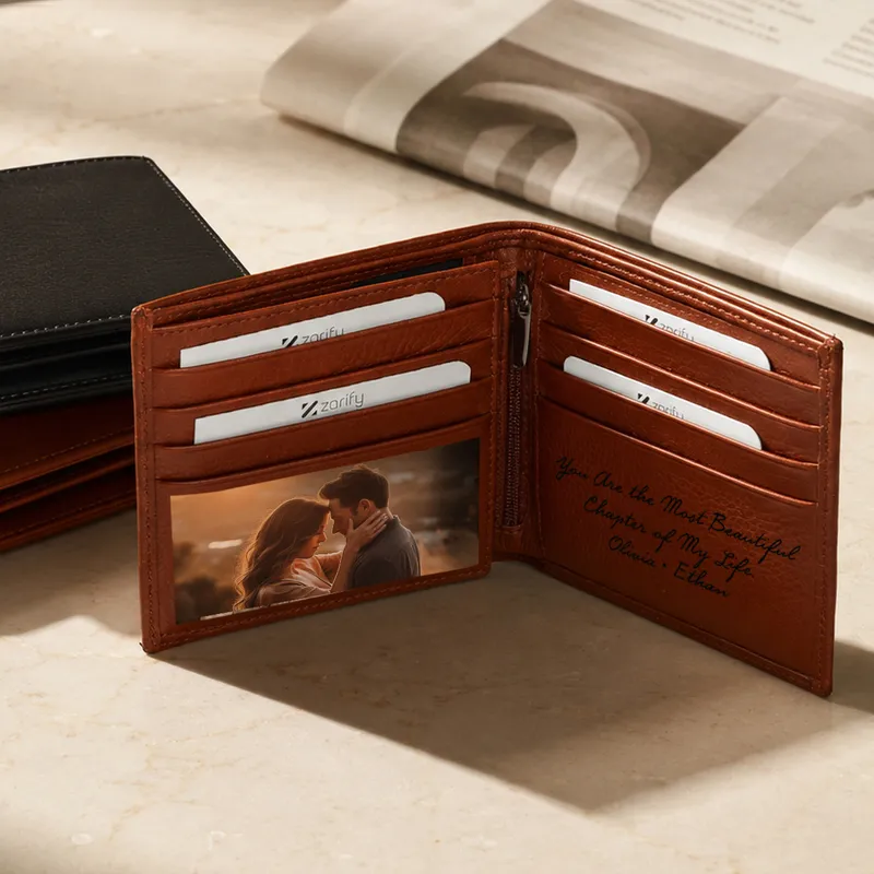 Personalized Bifold Leather Wallet – Custom Inside Cover with Photo, Name & Message