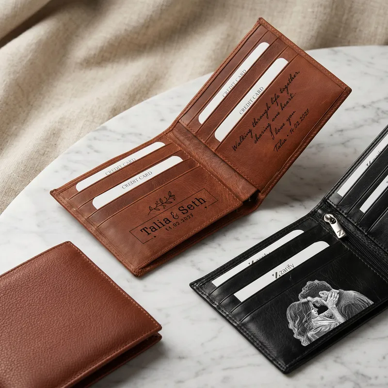 Personalized Bifold Leather Wallet – Custom Inside Cover with Photo, Name & Message