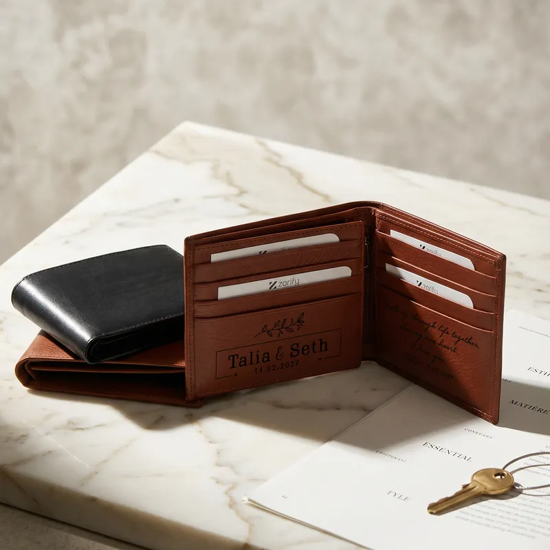 Personalized Bifold Leather Wallet – Custom Inside Cover with Photo, Name & Message