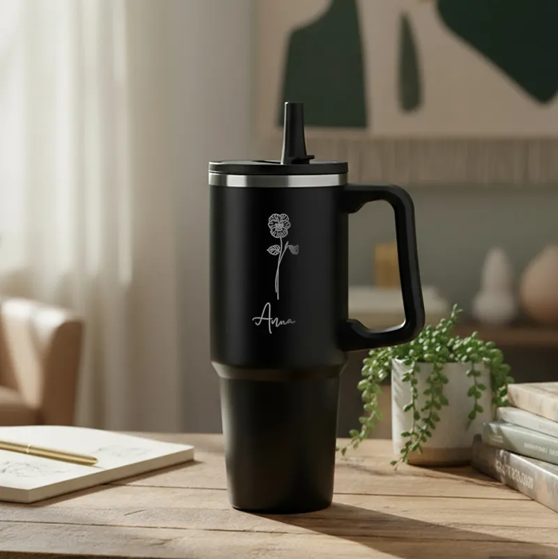 Personalized Birth Flower Black 40 oz Travel Tumbler