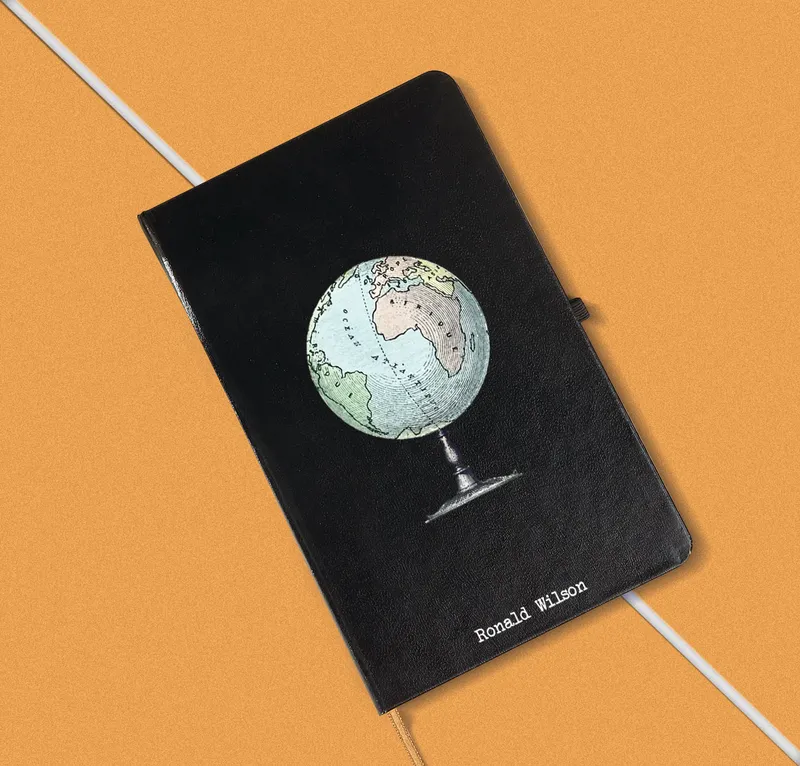 Personalized Black Notebook with Globe Design