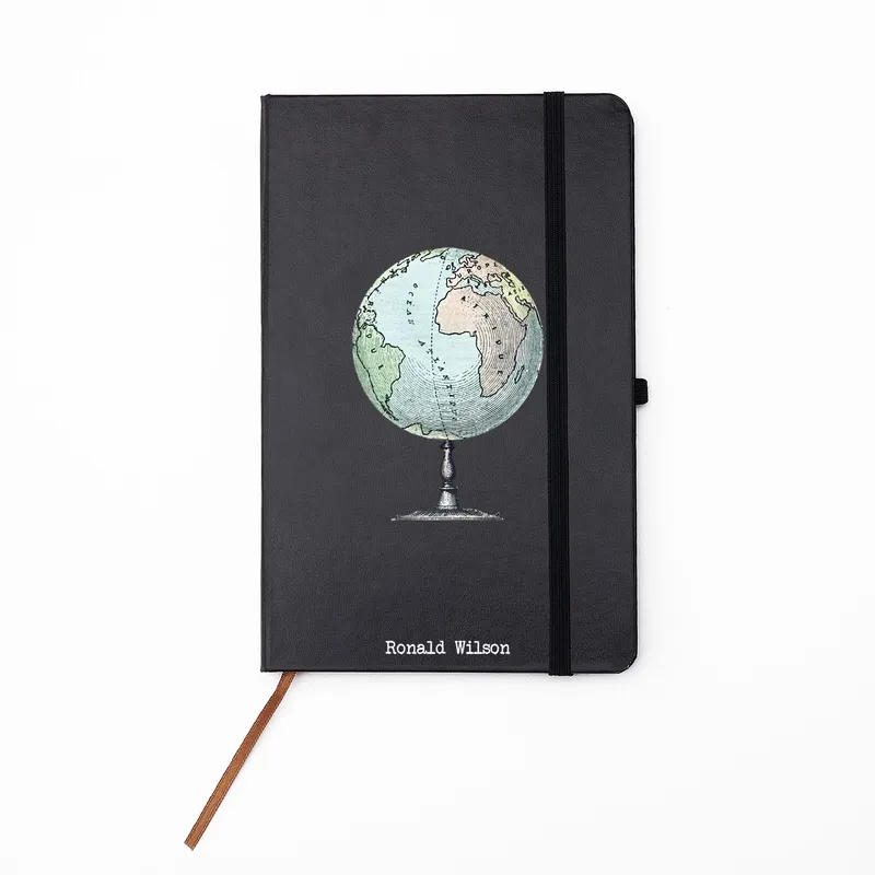 Personalized Black Notebook with Globe Design