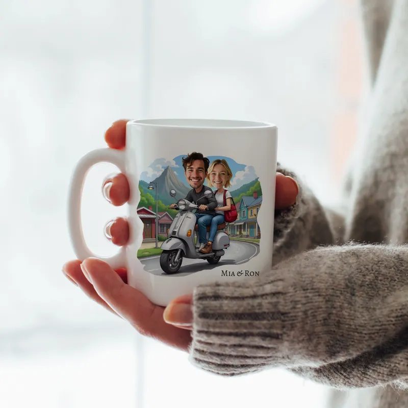 Personalised Cartoon Couple Mug with Scooter Design