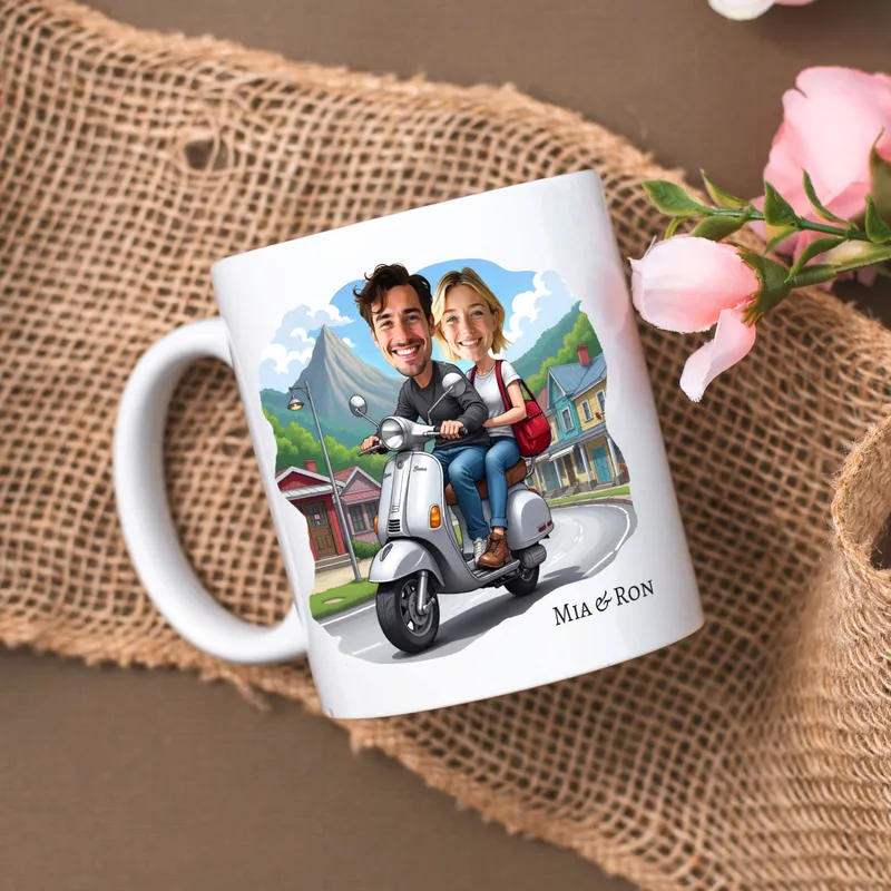 Personalised Cartoon Couple Mug with Scooter Design