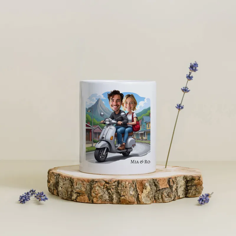 Personalised Cartoon Couple Mug with Scooter Design