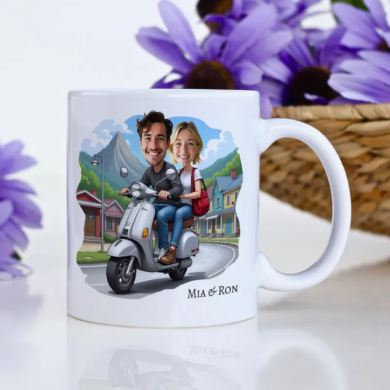 Personalised Cartoon Couple Mug with Scooter Design