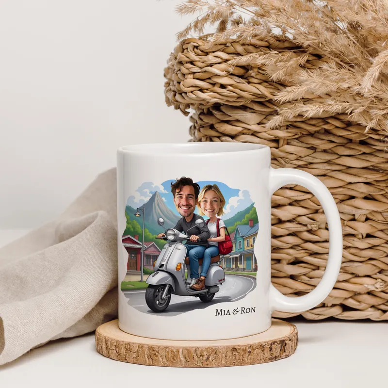 Personalised Cartoon Couple Mug with Scooter Design