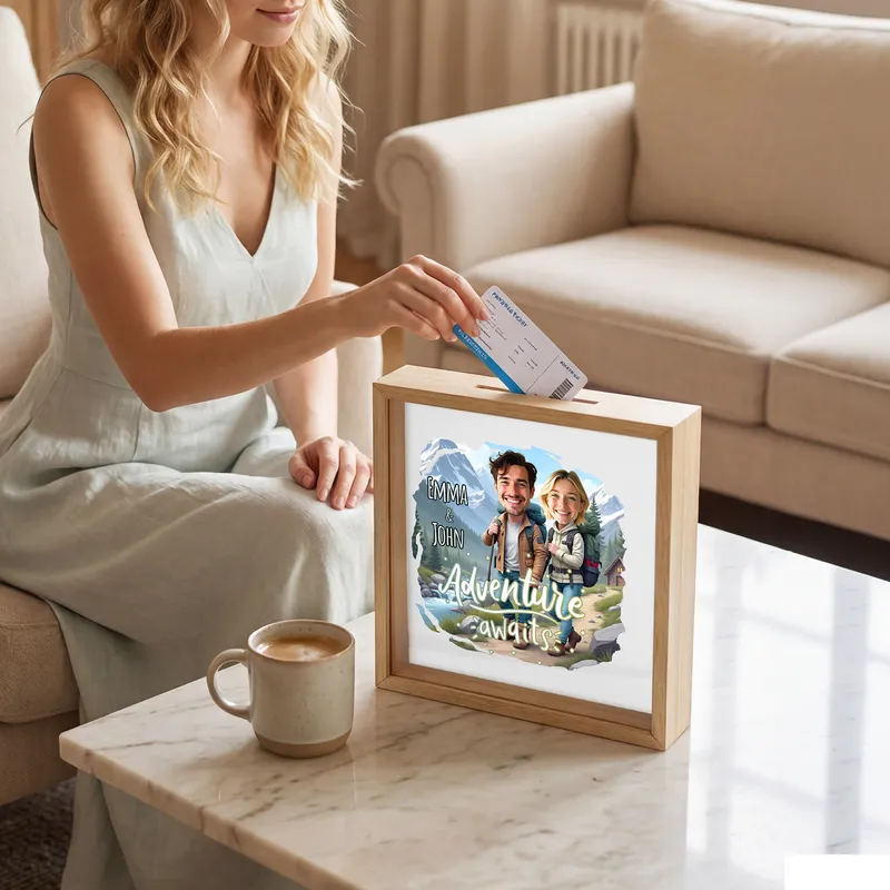 Personalized Cartoon Keepsake Ticket Wooden Box for Couples