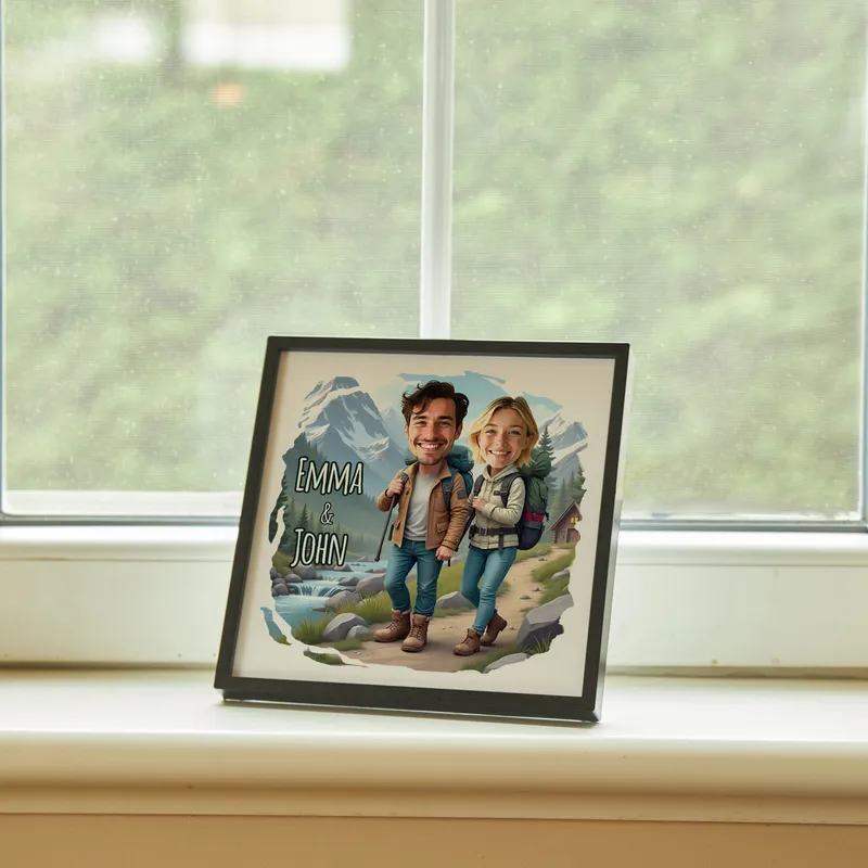Personalised Cartoon Travel-Themed Gift Frame for Couples