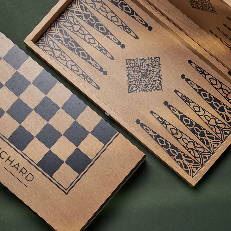 Personalized Checkered Backgammon with Name and Date Beechwood