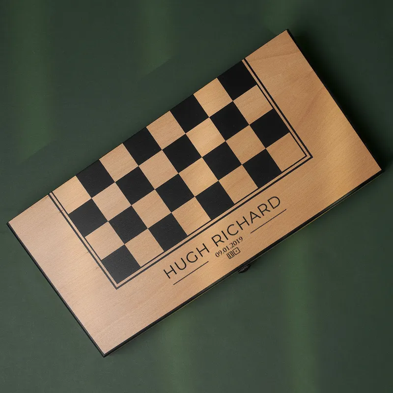 Personalized Checkered Backgammon with Name and Date Beechwood