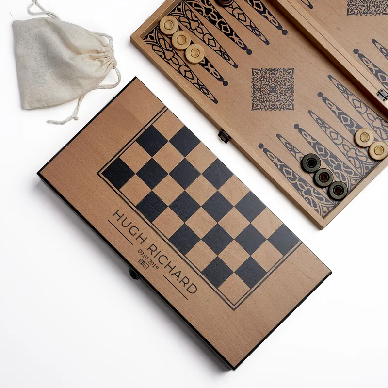 Personalized Checkered Backgammon with Name and Date Beechwood